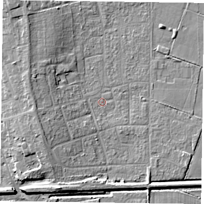 Shaded relief map of the ground around DN85NB, computed from Environment Agency LiDAR. The ground here sits at about 3 m above sea level and falls 9 m across the surrounding 800 m. Surface water reaching this point runs off ground lying to the west-south-west, 6.7 m higher.