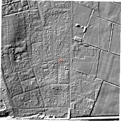 Shaded relief map of the ground around DN85ND, computed from Environment Agency LiDAR. The ground here sits at about 2 m above sea level and falls 9 m across the surrounding 800 m. Surface water reaching this point runs off ground lying to the west-south-west, 7.3 m higher.