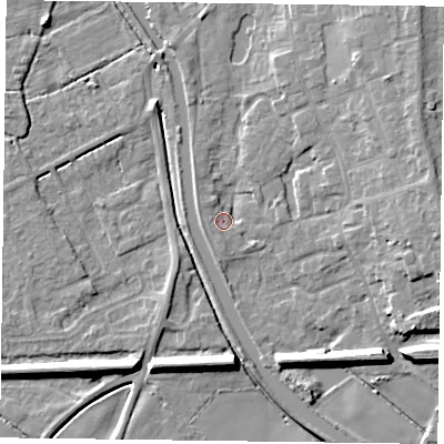 Shaded relief map of the ground around DN85NZ, computed from Environment Agency LiDAR. The ground here sits at about 3 m above sea level and falls 8 m across the surrounding 800 m. Surface water reaching this point runs off ground lying to the east-north-east, 8.0 m higher.