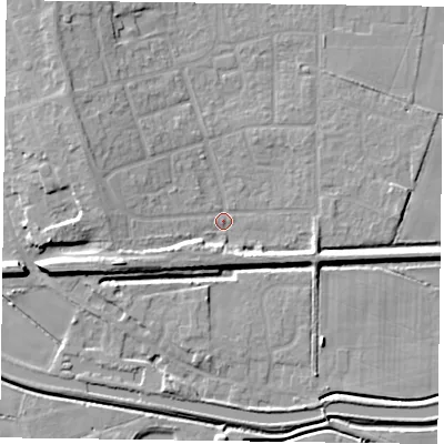 Shaded relief map of the ground around DN85PB, computed from Environment Agency LiDAR. The ground here sits at about 3 m above sea level and falls 9 m across the surrounding 800 m. Surface water reaching this point runs off ground lying to the west, 5.1 m higher.