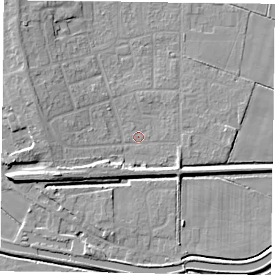 Shaded relief map of the ground around DN85PD, computed from Environment Agency LiDAR. The ground here sits at about 3 m above sea level and falls 9 m across the surrounding 800 m. Surface water reaching this point runs off ground lying to the west-north-west, 6.7 m higher.