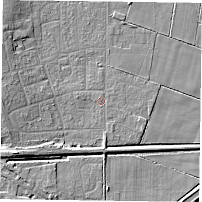 Shaded relief map of the ground around DN85PE, computed from Environment Agency LiDAR. The ground here sits at about 3 m above sea level and falls 8 m across the surrounding 800 m. Surface water reaching this point runs off ground lying to the west, 6.9 m higher.