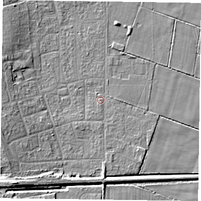 Shaded relief map of the ground around DN85PF, computed from Environment Agency LiDAR. The ground here sits at about 2 m above sea level and falls 8 m across the surrounding 800 m. Surface water reaching this point runs off ground lying to the west-south-west, 6.9 m higher.