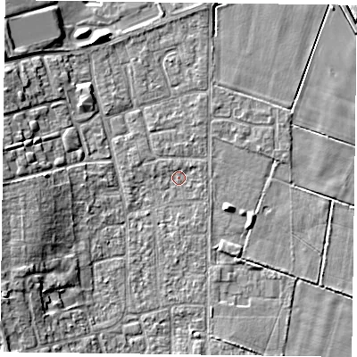 Shaded relief map of the ground around DN85PL, computed from Environment Agency LiDAR. The ground here sits at about 2 m above sea level and falls 9 m across the surrounding 800 m. Surface water reaching this point runs off ground lying to the west-south-west, 6.4 m higher.