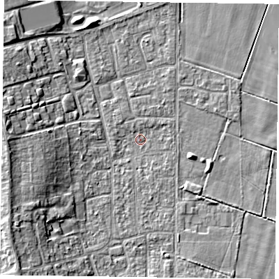 Shaded relief map of the ground around DN85PN, computed from Environment Agency LiDAR. The ground here sits at about 2 m above sea level and falls 8 m across the surrounding 800 m. Surface water reaching this point runs off ground lying to the west-south-west, 6.9 m higher.