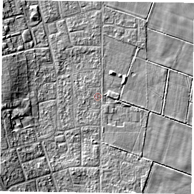 Shaded relief map of the ground around DN85PQ, computed from Environment Agency LiDAR. The ground here sits at about 2 m above sea level and falls 8 m across the surrounding 800 m. Surface water reaching this point runs off ground lying to the south-west, 6.4 m higher.