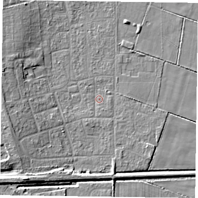 Shaded relief map of the ground around DN85PR, computed from Environment Agency LiDAR. The ground here sits at about 2 m above sea level and falls 9 m across the surrounding 800 m. Surface water reaching this point runs off ground lying to the west-south-west, 7.1 m higher.