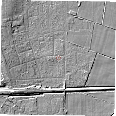 Shaded relief map of the ground around DN85PS, computed from Environment Agency LiDAR. The ground here sits at about 3 m above sea level and falls 9 m across the surrounding 800 m. Surface water reaching this point runs off ground lying to the west, 7.1 m higher.