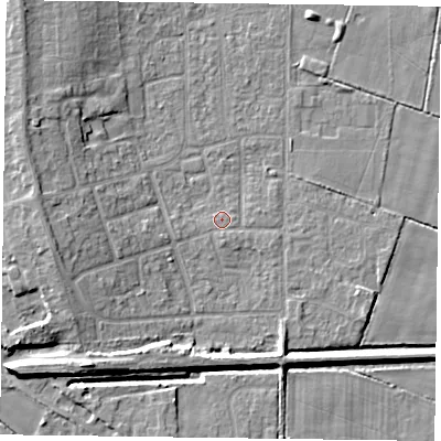 Shaded relief map of the ground around DN85PT, computed from Environment Agency LiDAR. The ground here sits at about 3 m above sea level and falls 9 m across the surrounding 800 m. Surface water reaching this point runs off ground lying to the west-south-west, 0.9 m higher.