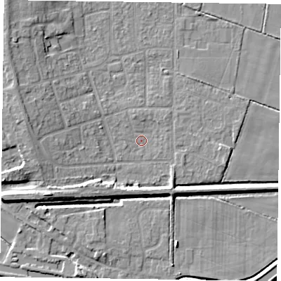 Shaded relief map of the ground around DN85PU, computed from Environment Agency LiDAR. The ground here sits at about 2 m above sea level and falls 9 m across the surrounding 800 m. Surface water reaching this point runs off ground lying to the west-north-west, 6.8 m higher.