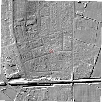 Shaded relief map of the ground around DN85PX, computed from Environment Agency LiDAR. The ground here sits at about 3 m above sea level and falls 9 m across the surrounding 800 m. Surface water reaching this point runs off ground lying to the west-south-west, 0.8 m higher.