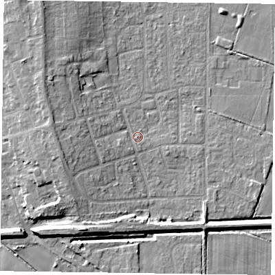 Shaded relief map of the ground around DN85PY, computed from Environment Agency LiDAR. The ground here sits at about 3 m above sea level and falls 9 m across the surrounding 800 m. Surface water reaching this point runs off ground lying to the west-south-west, 2.1 m higher.