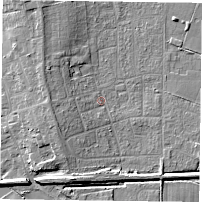 Shaded relief map of the ground around DN85PZ, computed from Environment Agency LiDAR. The ground here sits at about 3 m above sea level and falls 8 m across the surrounding 800 m. Surface water reaching this point runs off ground lying to the west, 6.2 m higher.