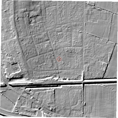 Shaded relief map of the ground around DN85QA, computed from Environment Agency LiDAR. The ground here sits at about 3 m above sea level and falls 9 m across the surrounding 800 m. Surface water reaching this point runs off ground lying to the west-north-west, 6.3 m higher.
