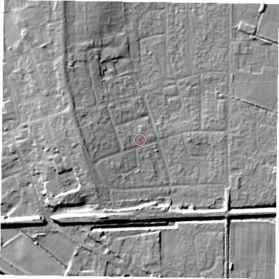 Shaded relief map of the ground around DN85QB, computed from Environment Agency LiDAR. The ground here sits at about 4 m above sea level and falls 8 m across the surrounding 800 m. Surface water reaching this point runs off ground lying to the west, 5.1 m higher.