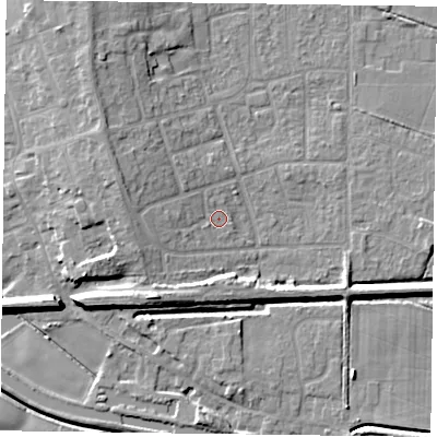 Shaded relief map of the ground around DN85QD, computed from Environment Agency LiDAR. The ground here sits at about 4 m above sea level and falls 8 m across the surrounding 800 m. Surface water reaching this point runs off ground lying to the west-north-west, 5.1 m higher.