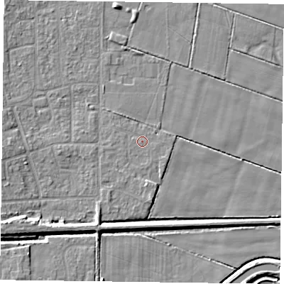 Shaded relief map of the ground around DN85QF, computed from Environment Agency LiDAR. The ground here sits at about 2 m above sea level and falls 7 m across the surrounding 800 m. Surface water reaching this point runs off ground lying to the south-south-west, 0.8 m higher.