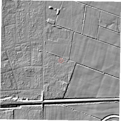 Shaded relief map of the ground around DN85QG, computed from Environment Agency LiDAR. The ground here sits at about 2 m above sea level and falls 7 m across the surrounding 800 m. Surface water reaching this point runs off ground lying to the north-west, 1.1 m higher.