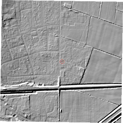 Shaded relief map of the ground around DN85QL, computed from Environment Agency LiDAR. The ground here sits at about 3 m above sea level and falls 8 m across the surrounding 800 m. Surface water reaching this point runs off ground lying to the west-south-west, 6.1 m higher.