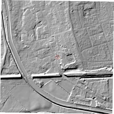 Shaded relief map of the ground around DN85QN, computed from Environment Agency LiDAR. The ground here sits at about 4 m above sea level and falls 9 m across the surrounding 800 m. Surface water reaching this point runs off ground lying to the north-east, 5.2 m higher.