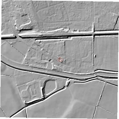 Shaded relief map of the ground around DN85QP, computed from Environment Agency LiDAR. The ground here sits at about 4 m above sea level and falls 9 m across the surrounding 800 m. Surface water reaching this point runs off ground lying to the north-west, 7.4 m higher.