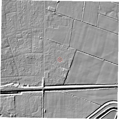 Shaded relief map of the ground around DN85QQ, computed from Environment Agency LiDAR. The ground here sits at about 2 m above sea level and falls 7 m across the surrounding 800 m. Surface water reaching this point runs off ground lying to the south-south-west, 0.8 m higher.