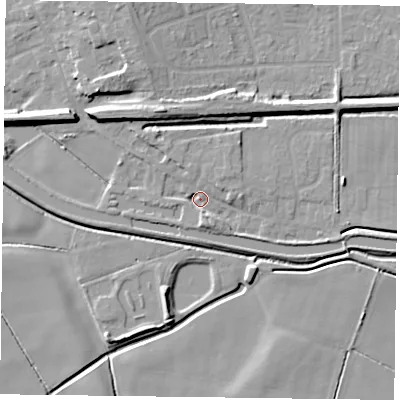 Shaded relief map of the ground around DN85QR, computed from Environment Agency LiDAR. The ground here sits at about 3 m above sea level and falls 9 m across the surrounding 800 m. Surface water reaching this point runs off ground lying to the north-north-west, 7.4 m higher.