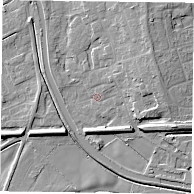 Shaded relief map of the ground around DN85QS, computed from Environment Agency LiDAR. The ground here sits at about 3 m above sea level and falls 8 m across the surrounding 800 m. Surface water reaching this point runs off ground lying to the east-north-east, 7.9 m higher.
