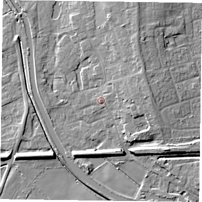 Shaded relief map of the ground around DN85QT, computed from Environment Agency LiDAR. The ground here sits at about 5 m above sea level and falls 8 m across the surrounding 800 m. Surface water reaching this point runs off ground lying to the east-north-east, 1.0 m higher.