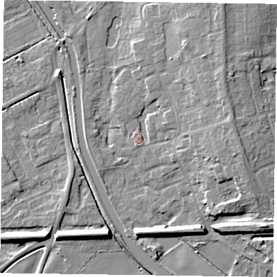 Shaded relief map of the ground around DN85QU, computed from Environment Agency LiDAR. The ground here sits at about 4 m above sea level and falls 8 m across the surrounding 800 m. Surface water reaching this point runs off ground lying to the east, 6.4 m higher.