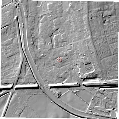 Shaded relief map of the ground around DN85QW, computed from Environment Agency LiDAR. The ground here sits at about 3 m above sea level and falls 8 m across the surrounding 800 m. Surface water reaching this point runs off ground lying to the north-east, 2.0 m higher.