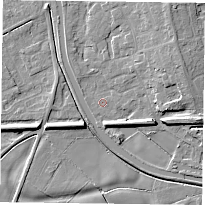 Shaded relief map of the ground around DN85QX, computed from Environment Agency LiDAR. The ground here sits at about 3 m above sea level and falls 8 m across the surrounding 800 m. Surface water reaching this point runs off ground lying to the east-north-east, 7.9 m higher.