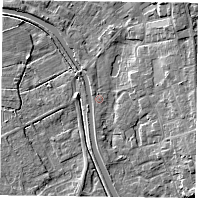 Shaded relief map of the ground around DN85QY, computed from Environment Agency LiDAR. The ground here sits at about 3 m above sea level and falls 9 m across the surrounding 800 m. Surface water reaching this point runs off ground lying to the north-west, 0.9 m higher.
