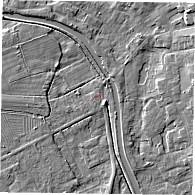 Shaded relief map of the ground around DN85QZ, computed from Environment Agency LiDAR. The ground here sits at about 3 m above sea level and falls 9 m across the surrounding 800 m. Surface water reaching this point runs off ground lying to the east-south-east, 2.6 m higher.