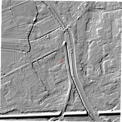 Shaded relief map of the ground around DN85RA, computed from Environment Agency LiDAR. The ground here sits at about 2 m above sea level and falls 8 m across the surrounding 800 m. Surface water reaching this point runs off ground lying to the south-south-east, 2.4 m higher.