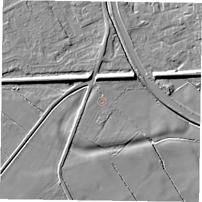 Shaded relief map of the ground around DN85RB, computed from Environment Agency LiDAR. The ground here sits at about 2 m above sea level and falls 8 m across the surrounding 800 m. Surface water reaching this point runs off ground lying to the south-west, 0.7 m higher.