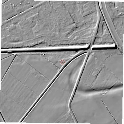 Shaded relief map of the ground around DN85RD, computed from Environment Agency LiDAR. The ground here sits at about 2 m above sea level and falls 8 m across the surrounding 800 m. Surface water reaching this point runs off ground lying to the east-north-east, 1.4 m higher.