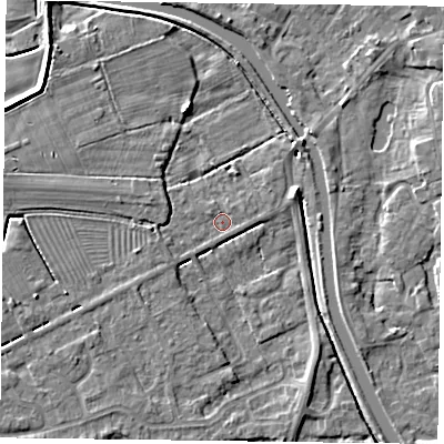 Shaded relief map of the ground around DN85RE, computed from Environment Agency LiDAR. The ground here sits at about 3 m above sea level and falls 5 m across the surrounding 800 m. Surface water reaching this point runs off ground lying to the north-west, 4.6 m higher.