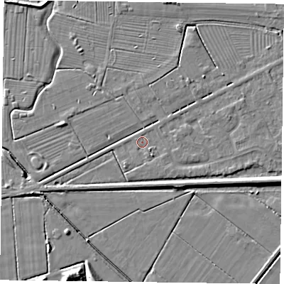 Shaded relief map of the ground around DN85RG, computed from Environment Agency LiDAR. The ground here sits at about 3 m above sea level and falls 7 m across the surrounding 800 m. Surface water reaching this point runs off ground lying to the south-east, 1.4 m higher.