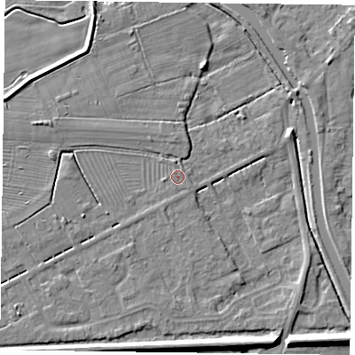 Shaded relief map of the ground around DN85RL, computed from Environment Agency LiDAR. The ground here sits at about 3 m above sea level and falls 7 m across the surrounding 800 m. Surface water reaching this point runs off ground lying to the south, 0.5 m higher.