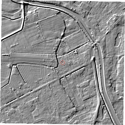Shaded relief map of the ground around DN85RN, computed from Environment Agency LiDAR. The ground here sits at about 3 m above sea level and falls 6 m across the surrounding 800 m. Surface water reaching this point runs off ground lying to the south-west, 1.0 m higher.