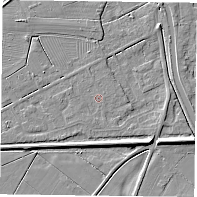 Shaded relief map of the ground around DN85RP, computed from Environment Agency LiDAR. The ground here sits at about 3 m above sea level and falls 7 m across the surrounding 800 m. Surface water reaching this point runs off ground lying to the north-north-west, 1.4 m higher.