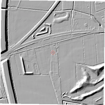 Shaded relief map of the ground around DN85RQ, computed from Environment Agency LiDAR. The ground here sits at about 2 m above sea level and falls 11 m across the surrounding 800 m. Surface water reaching this point runs off ground lying to the west, 9.2 m higher.