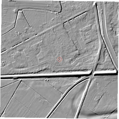 Shaded relief map of the ground around DN85RR, computed from Environment Agency LiDAR. The ground here sits at about 3 m above sea level and falls 7 m across the surrounding 800 m. Surface water reaching this point runs off ground lying to the north-north-west, 1.5 m higher.