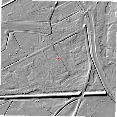 Shaded relief map of the ground around DN85RS, computed from Environment Agency LiDAR. The ground here sits at about 3 m above sea level and falls 8 m across the surrounding 800 m. Surface water reaching this point runs off ground lying to the east-south-east, 2.4 m higher.