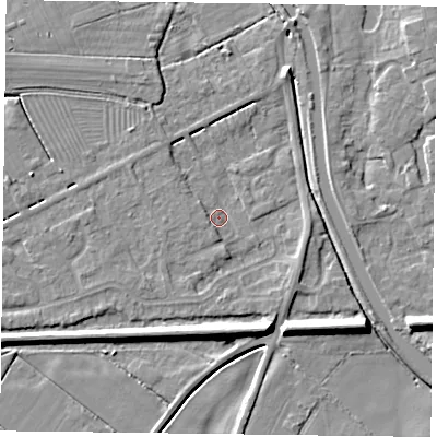 Shaded relief map of the ground around DN85RU, computed from Environment Agency LiDAR. The ground here sits at about 2 m above sea level and falls 8 m across the surrounding 800 m. Surface water reaching this point runs off ground lying to the east, 2.2 m higher.