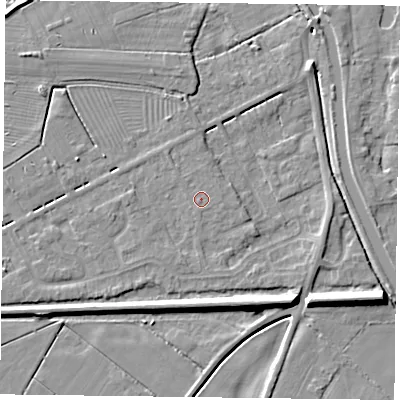 Shaded relief map of the ground around DN85RW, computed from Environment Agency LiDAR. The ground here sits at about 3 m above sea level and falls 7 m across the surrounding 800 m. The ground contributing surface water to this point lies to the north.