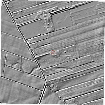 Shaded relief map of the ground around DN85RY, computed from Environment Agency LiDAR. The ground here sits at about 2 m above sea level and falls 3 m across the surrounding 800 m. The ground contributing surface water to this point lies to the south-west.