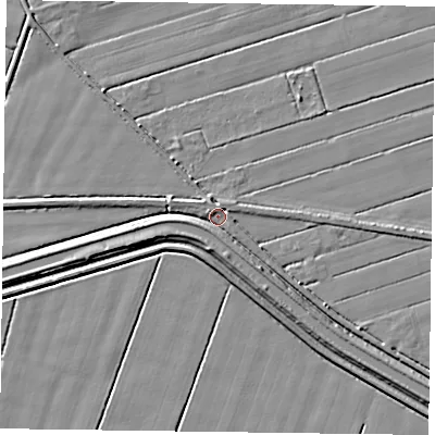 Shaded relief map of the ground around DN85SE, computed from Environment Agency LiDAR. The ground here sits at about 2 m above sea level and falls 5 m across the surrounding 800 m. Surface water reaching this point runs off ground lying to the south-west, 3.4 m higher.
