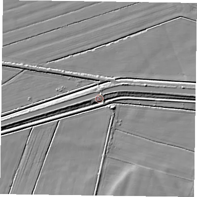 Shaded relief map of the ground around DN85SF, computed from Environment Agency LiDAR. The ground here sits at about 3 m above sea level and falls 5 m across the surrounding 800 m. Surface water reaching this point runs off ground lying to the north, 1.1 m higher.